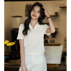 设计感小众翻领短袖白色针织衫女2025年夏季新款气质通勤别致上衣