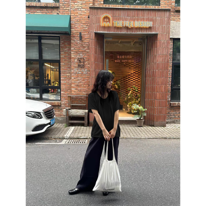 韩系简约休闲V领灰色慵懒风短袖T恤女夏新款宽松垂感百搭半袖上衣|undefined