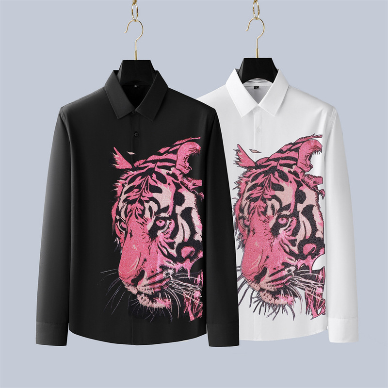 American Style Casual Fashion Plus Size Large Size Printed Hot Drilling Heavy Industry Tiger Head Long Sleeve Shirt for Fatty Fatty Guy Single Wear