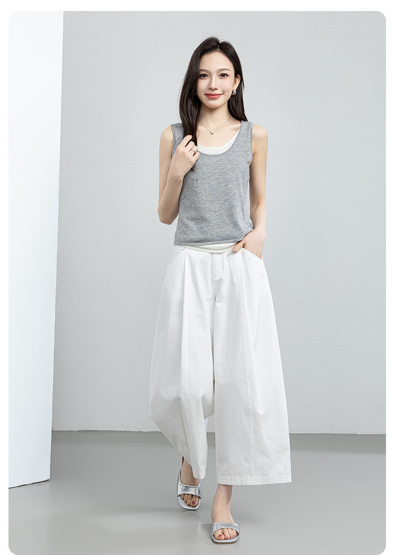 Quần culottes nữ ống rộng cạp cao dáng suông — màu trắng chi tiết 23