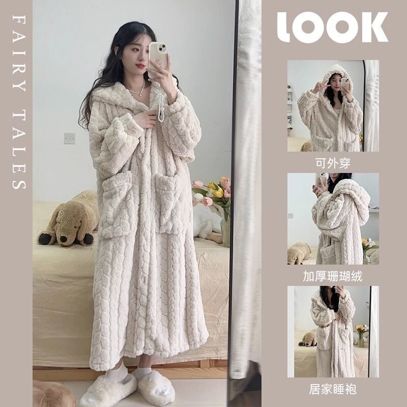 Cute Little Hamster Pajamas Women's Autumn and Winter Coral Fleece Thickened Long Flannel Student Hooded Winter Nightgown Women