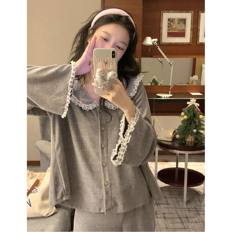 Korean-Style Ins Pajamas for Women, Spring and Autumn, Cute Lace Doll Collar, Long-Sleeve, Long-Pants, Internet Celebrity Hot-Selling Loungewear Set