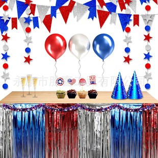 Amazon's Popular Independent Day Color-blocked Rain Silk Table Skirt Holiday Birthday Party Decoration Background Red, White and Blue Table Skirt