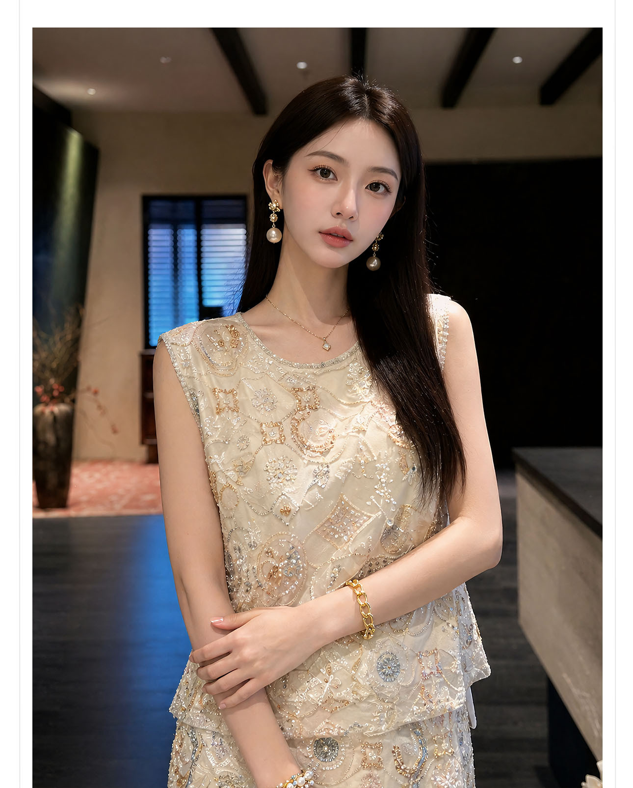 Bộ áo vest không tay và chân váy midi thêu ren cườm phong cách Tân Trung Hoa — bộ đồ, nửa váy, Trang chủ chi tiết 2