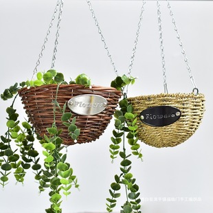 Wicker Hanging Basket Hanging Succulent Green Plant Flower Pot European Pastoral Decoration Straw Wall Hanging Hanging Flower Basket Wholesale