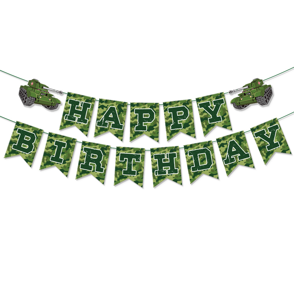 Nuevo tema militar cumpleaños decoración cumpleaños tire bandera camuflaje tire bandera espiral colgante pastel Tarjeta de inserción