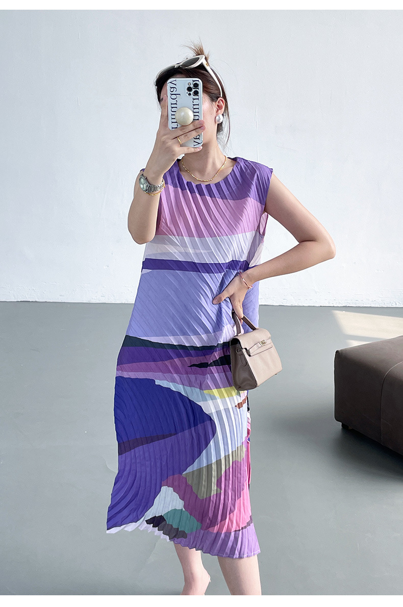 Váy maxi xếp ly in họa tiết hai dây dáng rộng thanh lịch — Màu xanh lam chi tiết 16