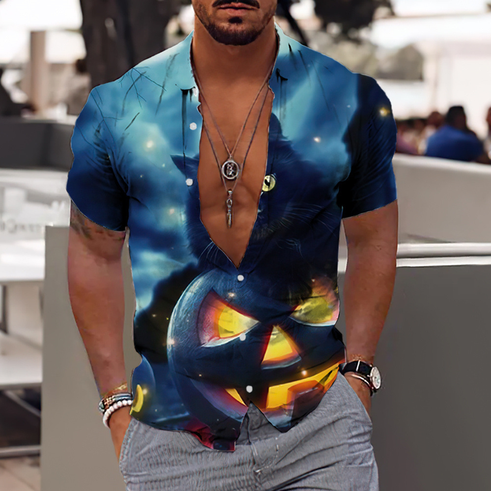 Camisa 3D para hombres transfronterizos Estación independiente Serie de Halloween Camisa hawaiana impresa digital 3D Fabricante de origen masculino
