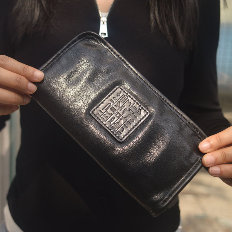 原创新款复古手工男女款钱包软牛皮长款手机包拉链手拿包褶皱钱包