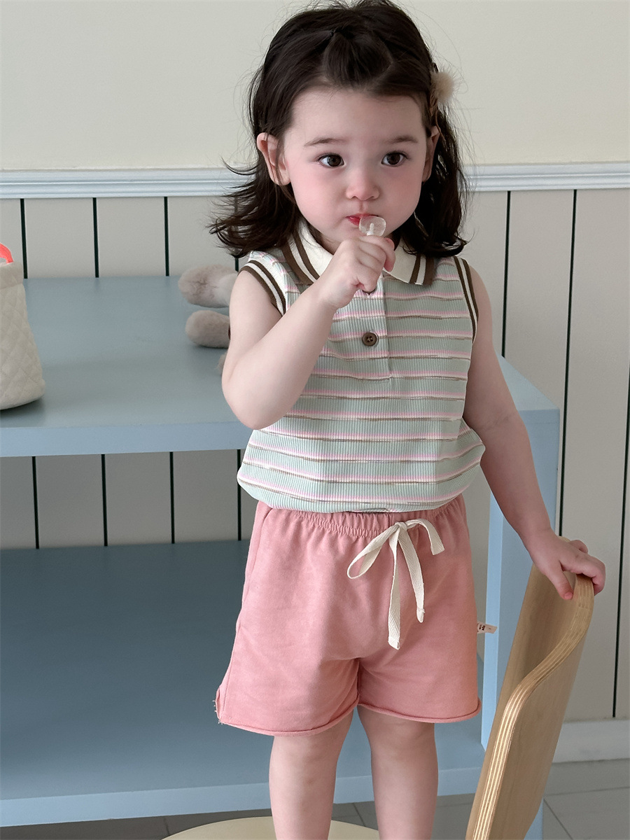 Chaleco a rayas para niñas set de pantalones cortos delgados ropa infantil coreana 2026 verano nuevo ropa de verano infantil ropa de bebé image 6