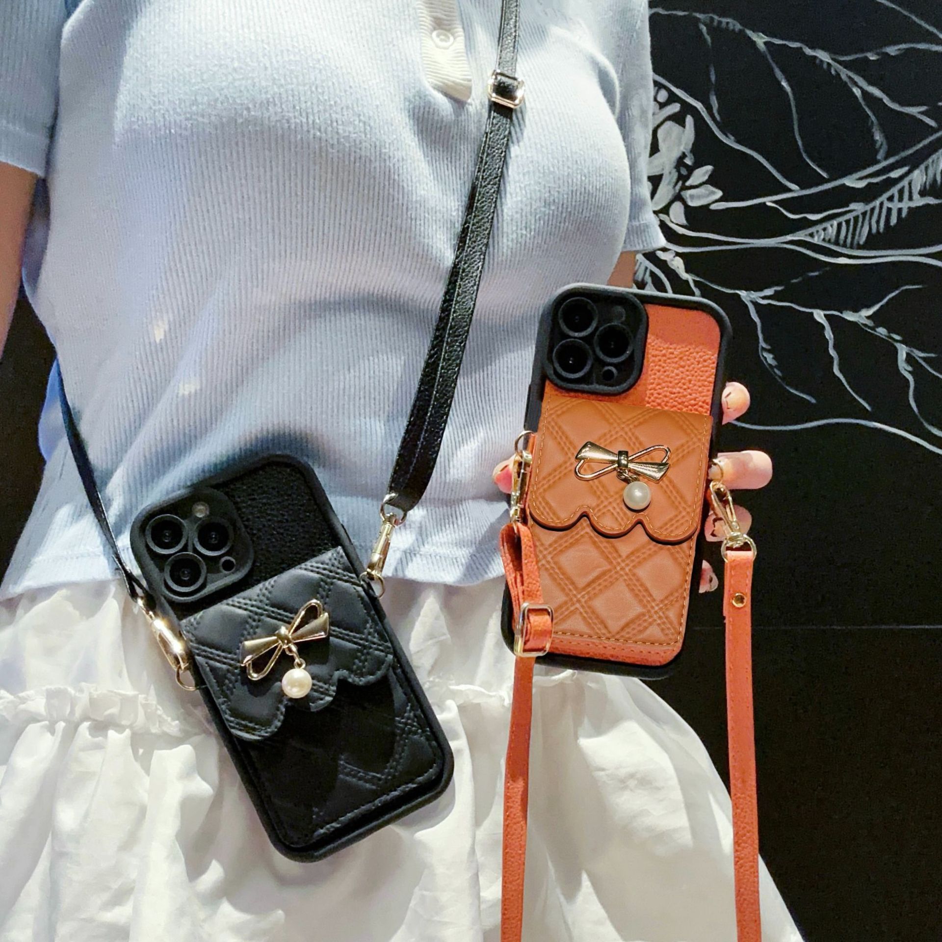 Bow Change Card Case Leather Crossbody Strap Phone Case for Xiaomi 14por Red Rice K70por