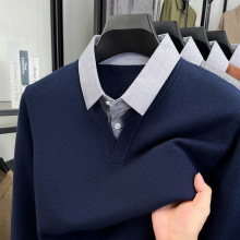 2025秋冬新款男士羊毛衫衬衫领假两件商务休闲毛衣男式纯色针织衫