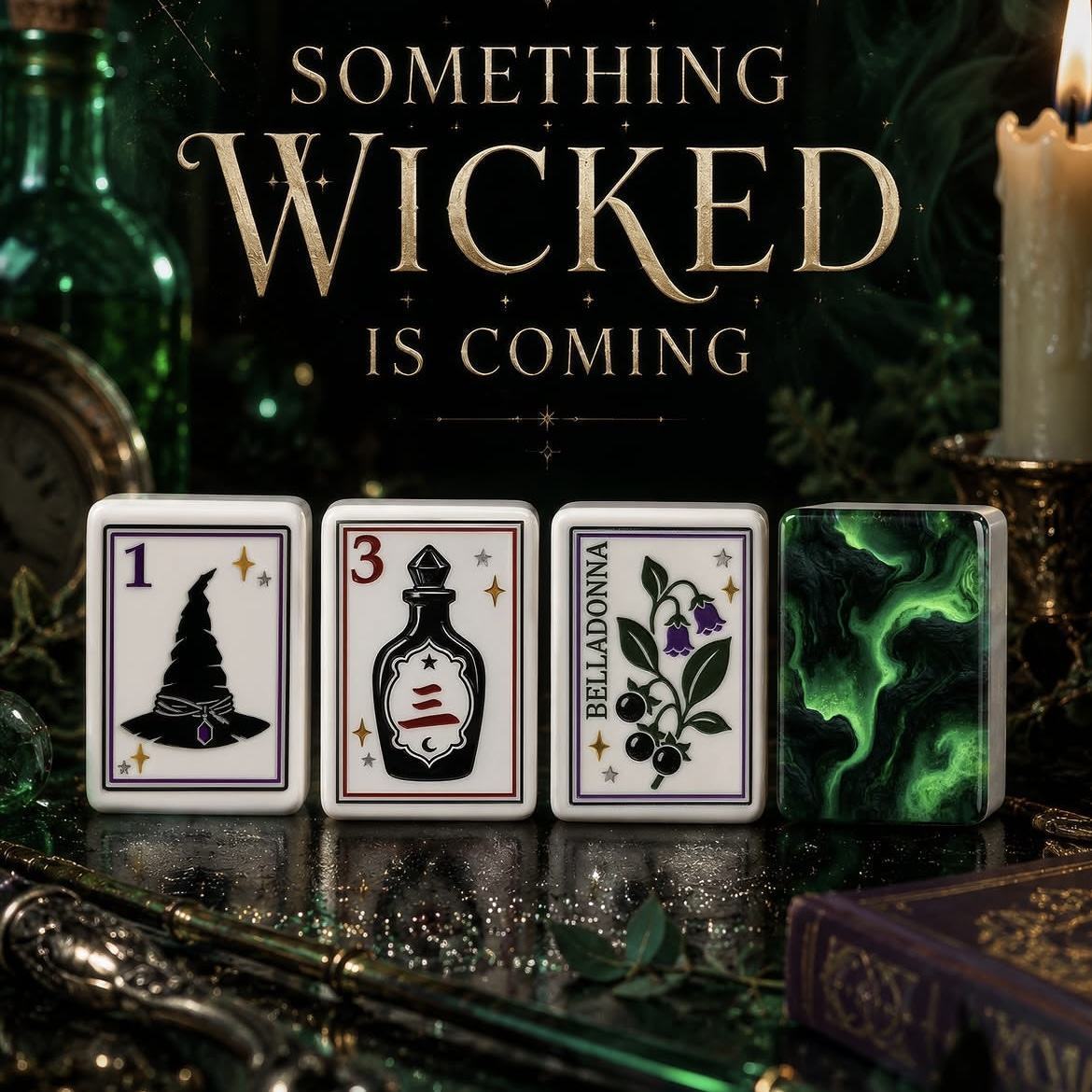 160-piece American-style acrylic mahjong tiles, Witch's Book design, unique for game nights, Halloween edition mahjong tiles