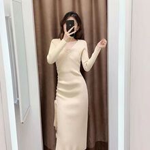 针织连衣裙收腰显瘦中长款秋冬季新款气质过膝长袖打底毛衣裙