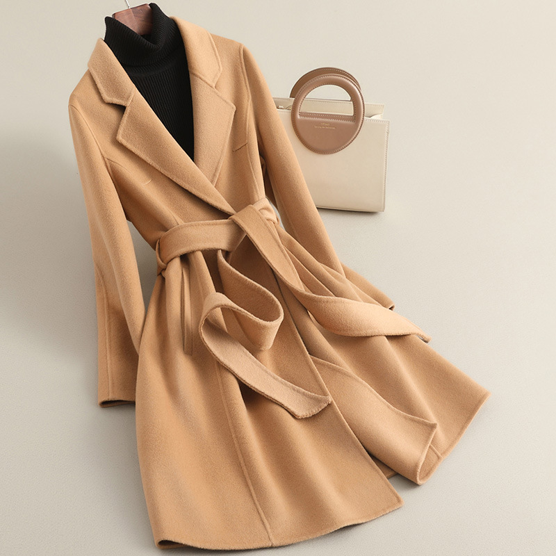 春の新作ハイエンド小柄コート女性用ミドル丈両面ゼロカシミアウエストウールウールコート女性用