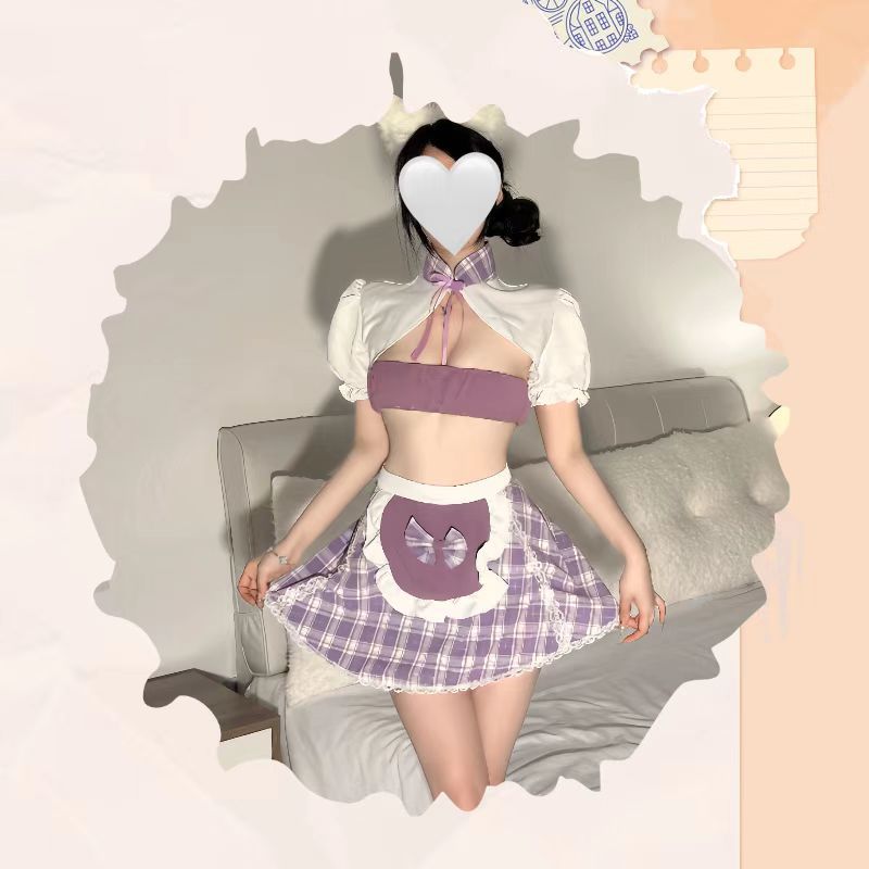 Maid Roleplay Lingerie Set with Apron, Purple Dress, Stockings and Ears — detail image 6