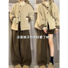 棕咖色雪尼尔阔腿裤女春秋2025新款高腰垂感秋冬直筒休闲加绒裤子