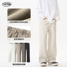 LKTM男装 美式简约基础款半松紧腰休闲裤男女cleanfit宽松直筒裤