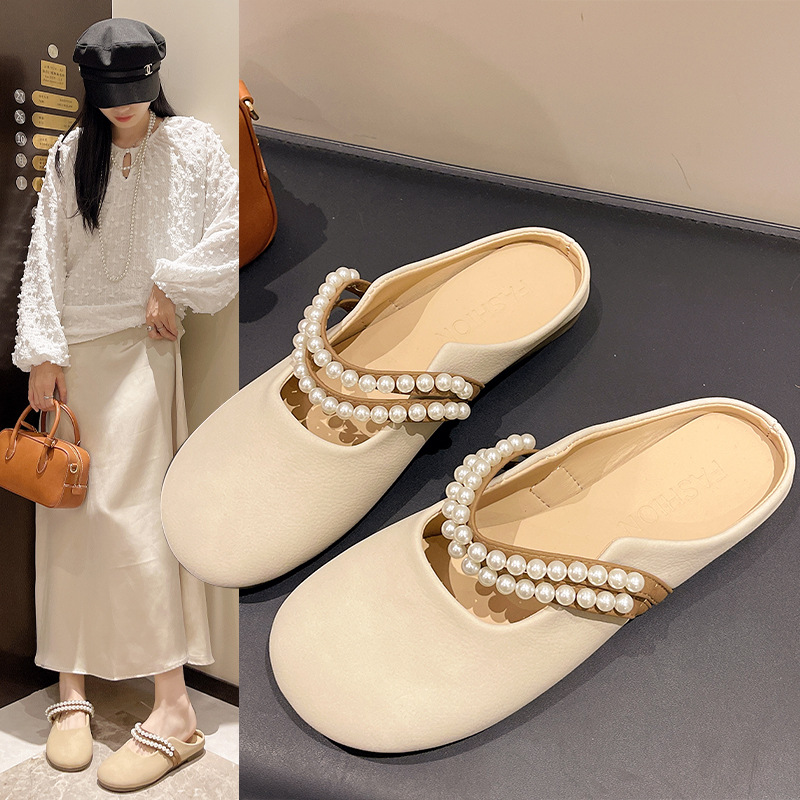 珍珠包头拖鞋女夏外穿2024新款韩版仙女风凉拖平底时尚穆勒半拖鞋