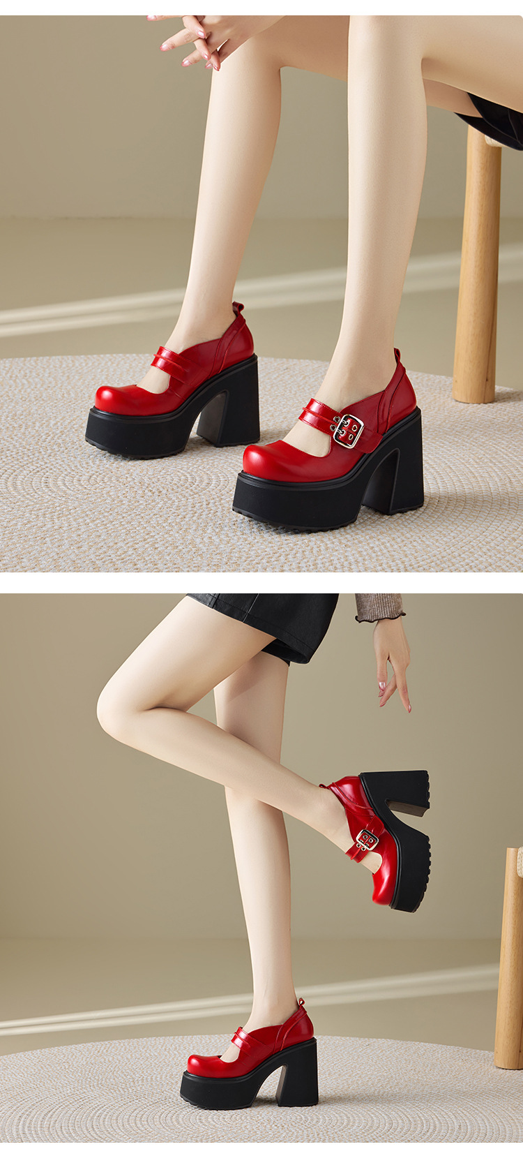 Giày Mary Jane nữ đế dày gót 12 cm phong cách cổ điển học sinh — màu đen chi tiết 3