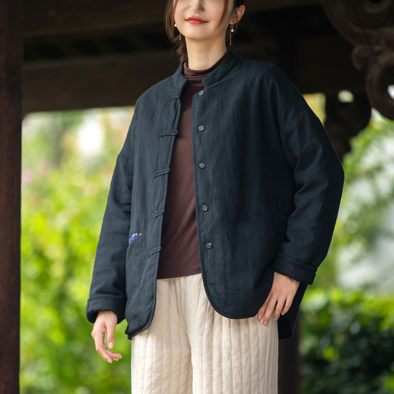 Women's Padded Jacket Retro Floral Cotton Linen Quilted Coat_voghion.com