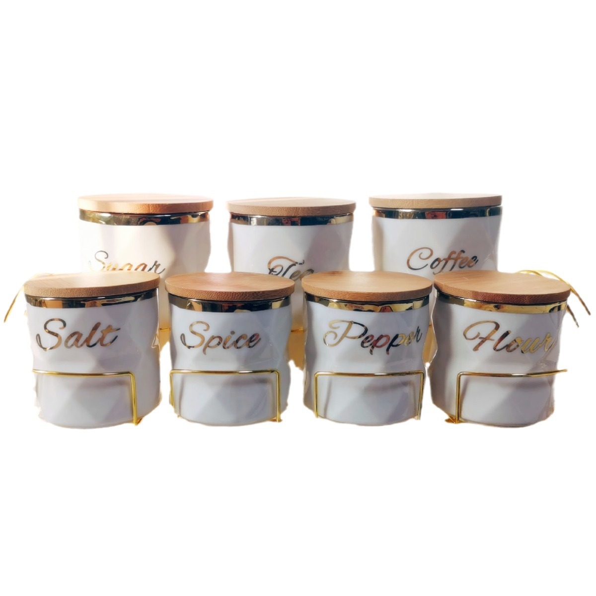 Fábrica directa exportación transfronteriza condimento de cerámica en forma de tanque de té con accesorios de hierro forjado conjunto de tanque de almacenamiento