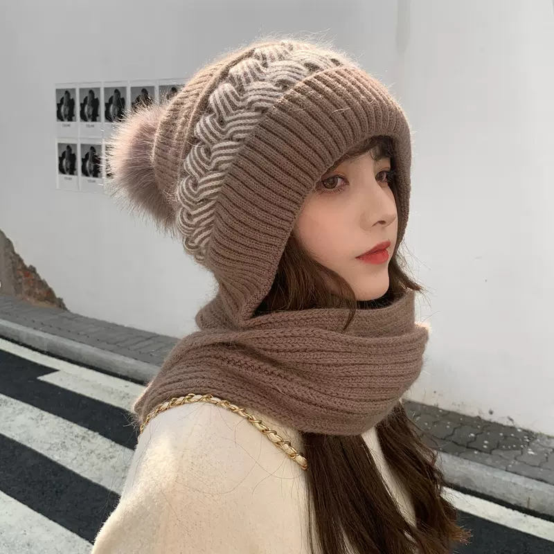冬季帽子围巾一体女韩版冬季保暖兔毛针织骑车护耳加绒可爱防寒围