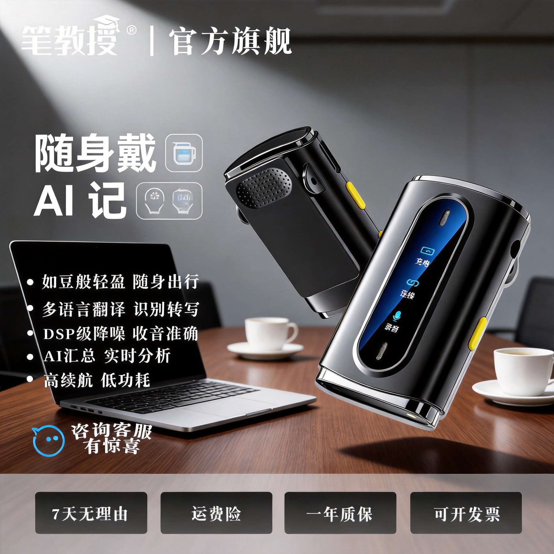 智能录音笔隐形领夹会议课堂实时转写离线纪录翻译随身便携录音卡