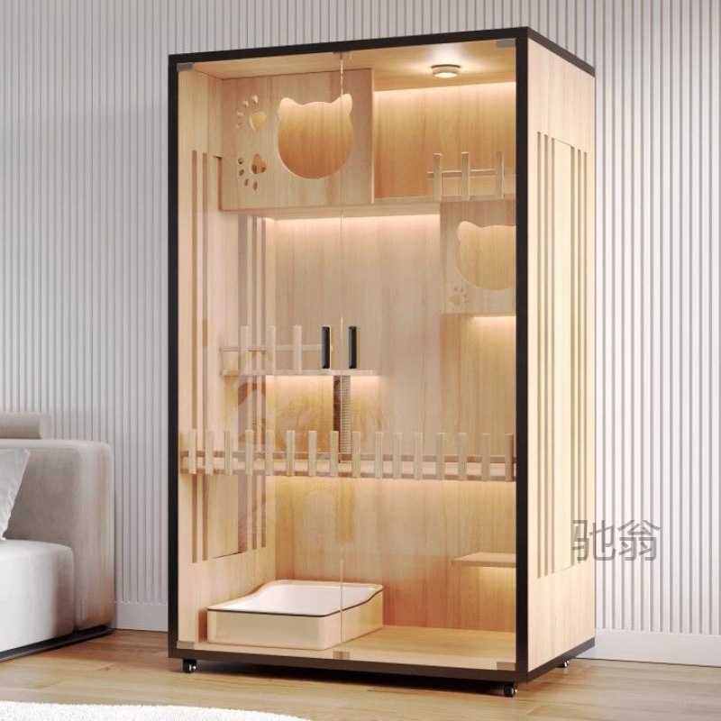 Luxury solid wood cat cage with ultra-large free space, cat house for home use, indoor cat bed and cabinet, panoramic view