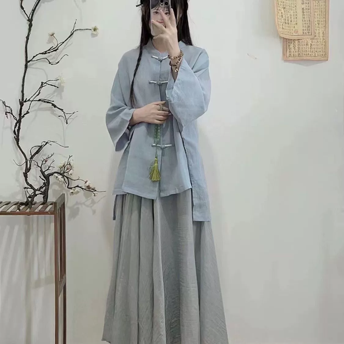 Новая свободная рубашка с воротником-стойкой в ​​китайском стиле дзен, костюм для чайного искусства в древнем стиле, нежный дождевой костюм Цзяннань, юбка в крутом стиле Республики Китай