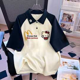 中大童卡通polo衫撞色翻领短袖T恤男女童夏季宽松插肩半袖上衣潮