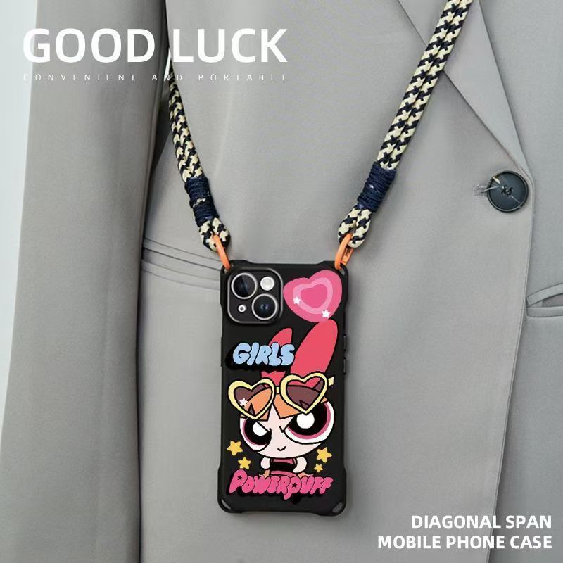 小女警花花适用苹果15promax手机壳斜跨14挂绳网红iPhone13可背16