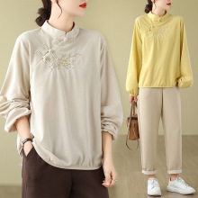 实拍 秋季新款棉质中国风卫衣长袖盘扣设计宽松上衣民族风小衫女