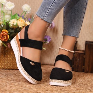 2025 new foreign trade summer women's wedge heel thick-soled sandals cross-border plus size solid color round head casual thick-soled sandals
