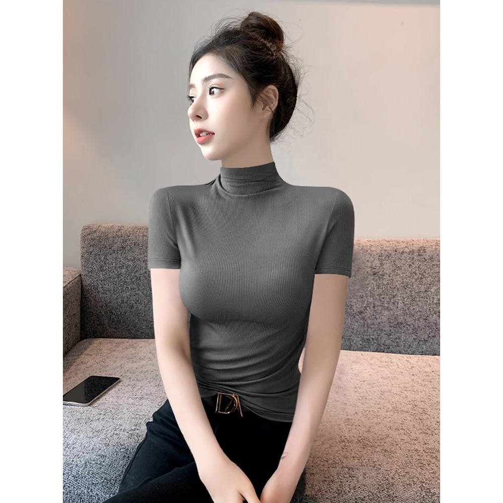 새로운 도착 앙콜라 레드 하프 하이 칼라 반팔 티셔츠 베이스 셔츠 여성용 봄/여름 탑 슬림 티셔츠 A3408