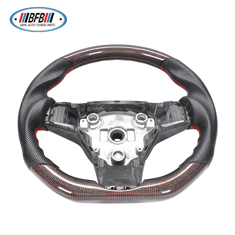 100% Real Carbon Fiber Red Glossy Black Perforated Steering Wheel Cover - For Tesla Model 3 Y - Red Leather Stitching Modification