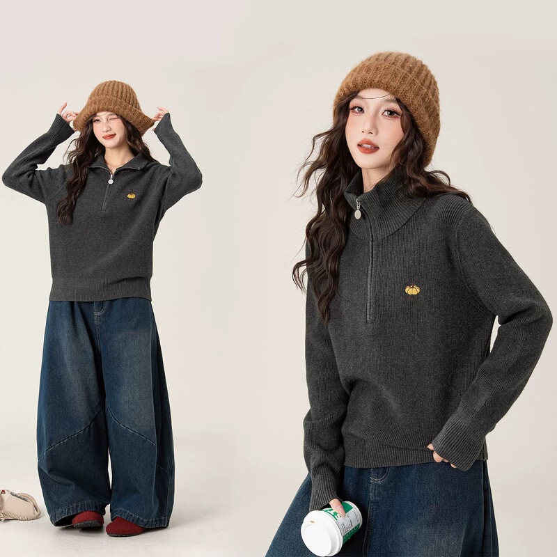 Casual style half-zip high-neck sweater for women, 2026 autumn/winter new collection, loose fit, versatile, slimming, thickened, and warm knitwear Casual style half-zip high-neck sweater for women, 2026 autumn/winter new collection, loose fit, versatile, slimming, thickened, and warm knitwear