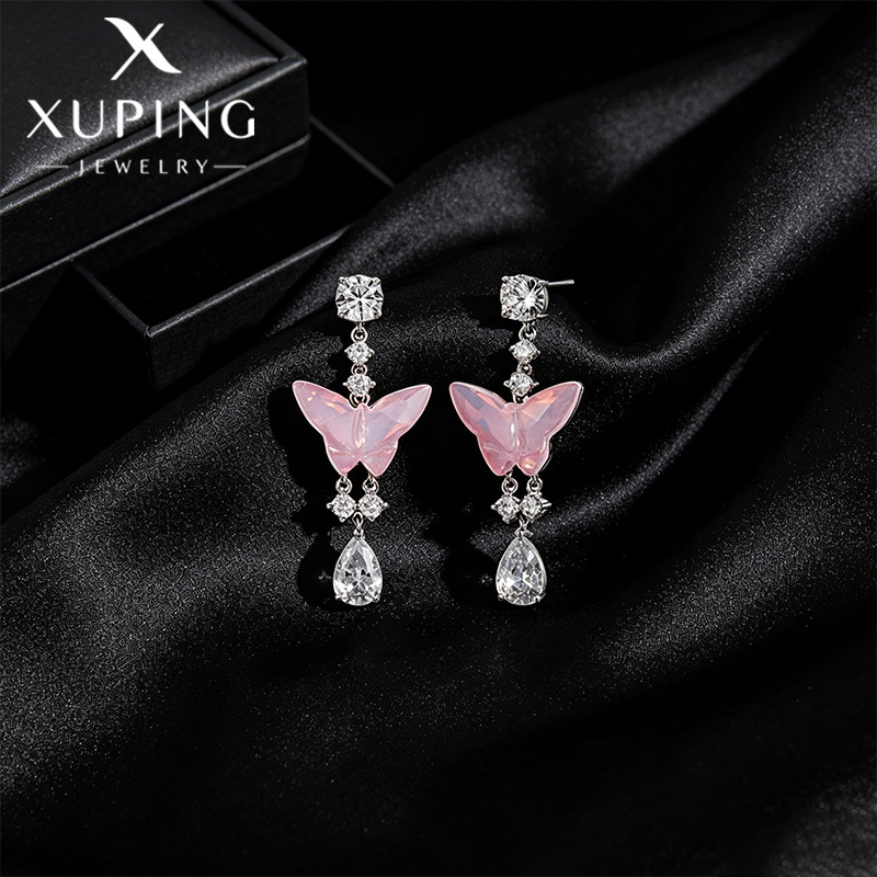 Xuping imitación de la serie de cristal mariposa rosa goteo de aretes de bordilla ligero lujoso elegante suave viento auriculares para mujeres al por mayor