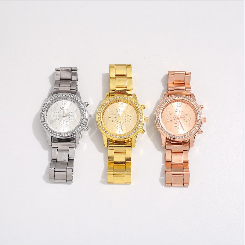 跨境新款日内瓦手表镶钻合金钢带手表女款 女士石英表geneva watc