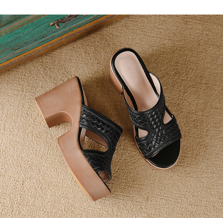 Sandal cao gót nữ đế platform đan chéo da thật gót 9 cm hở mũi — màu nâu, màu đen chi tiết 14