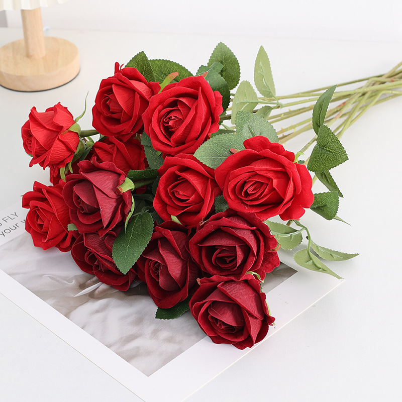 Simulated Rose Single Velvet Pearl Rose Home Wedding Decoration Red Rose Fake Flower Silk Flower Lover Rose
