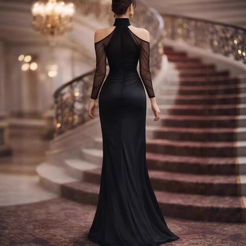 Women's Halter Neck Sexy Fashion Party Long Dress Amazon New Elegant Sheer Off-Shoulder Long Sleeve Evening Gown Women's Halter Neck Sexy Fashion Party Long Dress Amazon New Elegant Sheer Off-Shoulder Long Sleeve Evening Gown