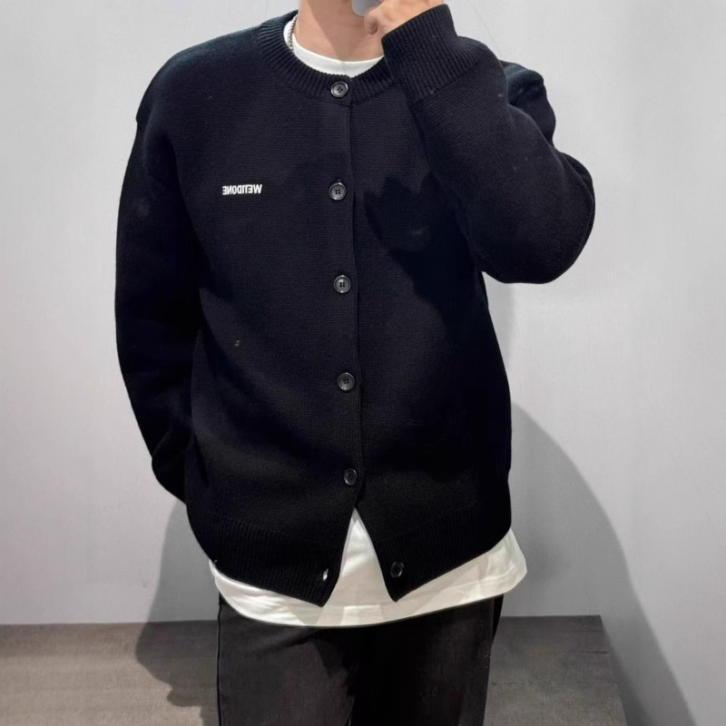 纯色刺绣毛衣开衫秋冬新款情侣宽松休闲百搭针织开衫外套男装|undefined
