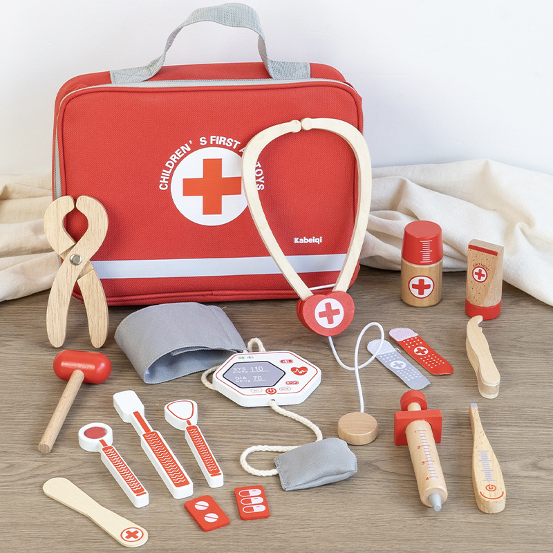 Wooden Children's Pretend Play Cloth Bag Gift Set Kindergarten Doctor Injection Stethoscope Medical Box Toy_voghion.com