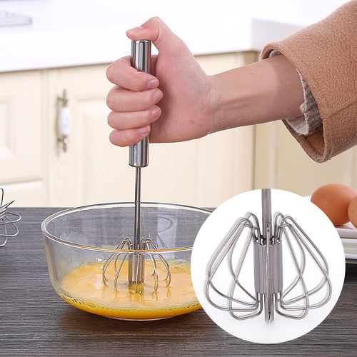 Press-type egg beater, stainless steel semi-automatic egg beater, household handheld rotating egg beater, baking utensils