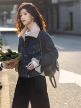 韩版毛领牛仔外套冬季新款小个子宽松休闲加绒厚款夹克上衣女