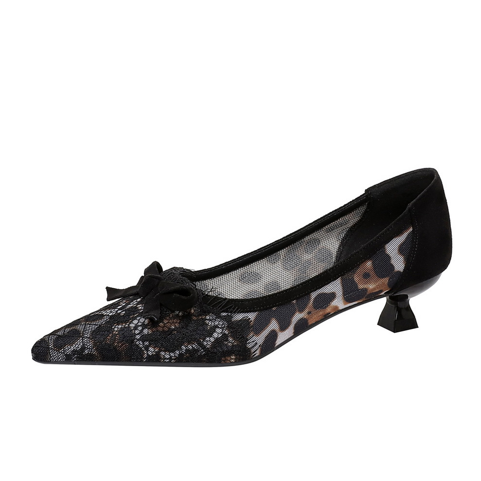 230-26 European And American Style Pointed Toe Sexy Lace Women's With Bowknot, Wine Glass Comfortable Low Heel, Shallow_vogvips.com