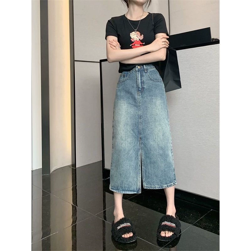 Юбка с разрезом женская лето 2025 новая большого размера высокая талия А-силуэта средней длины юбка-миди джинсовая юбка