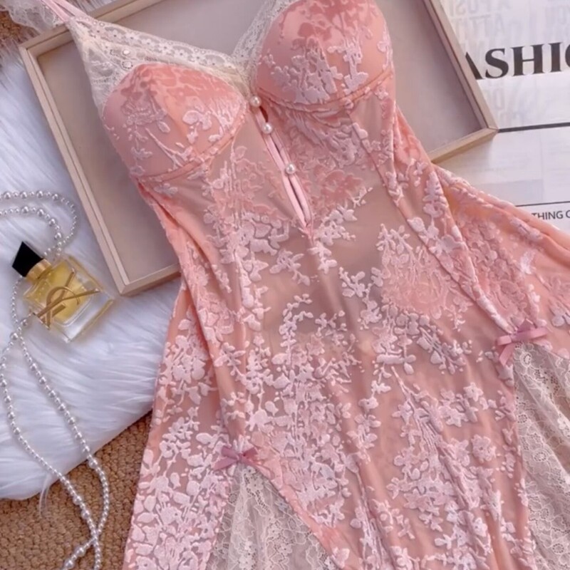 Pink Lace Nightgown with Sexy Straps, Sexy Sleepwear for Women, Summer High-End Style with Chest Pads, Pure Desire Style, Backless Loungewear Pink Lace Nightgown with Sexy Straps, Sexy Sleepwear for Women, Summer High-End Style with Chest Pads, Pure Desire Style, Backless Loungewear