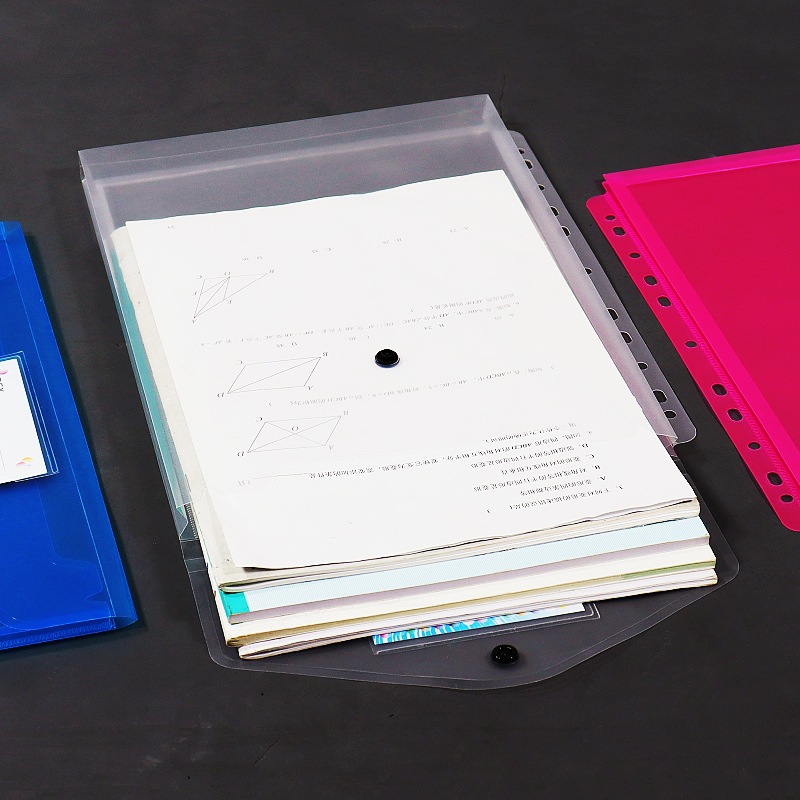 Amazon creativo transparente A4 bolsa de archivos de hojas sueltas Botón de 11 agujeros bolsa de información tridimensional de gran capacidad tapa de archivo